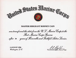 GGA Image ID # 137477774c Certificate of transfer from Active Duty in the United States Marine Corps to the Reserves - Master Sergeant Rodney Cain.