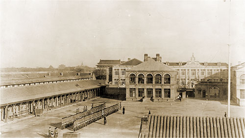 China - Peking. American Legation/ Photograph shows U.S. Marines in formation on the grounds of the U.S. Legation, Beijing, China.