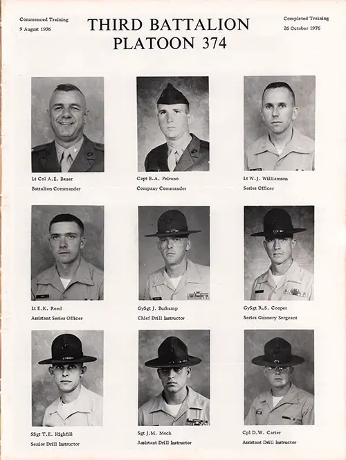 Platoon 1976-374 MCRD Parris Island Leadership, Page 1.