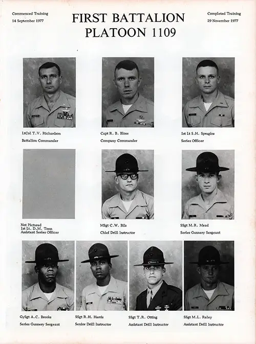 Platoon 1977-1109 MCRD Parris Island Leadership, Page 1.