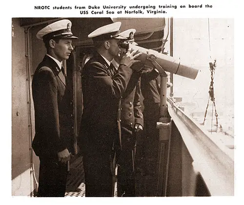 NROTC students from Duke University undergoing training on board the USS Coral Sea at Norfolk, Virginia.