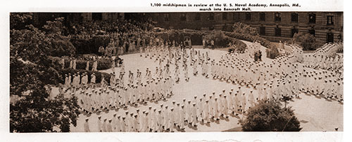 1,100 midshipmen in review at the U. S. Naval Academy, Annapolis, Md., march into Bancroft Hall.