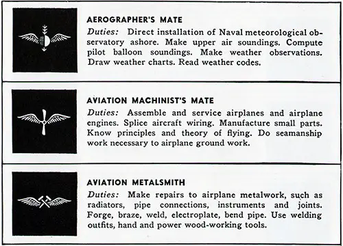 Aerographer's Mate, Aviation Machinist's Mate, and Aviation Metalsmith.