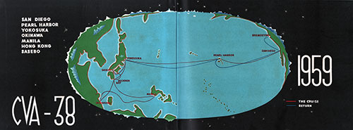 Route Map of 1959 Far East Cruise of CVA-38 USS Shangri-La Aircraft Carrier. San Diego, Pearl Harbor, Yokosuka, Okinawa, Manila, Hong Kong, Sasebo, and Back.