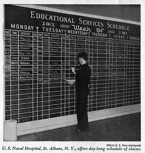 U. S. Naval Hospital, St. Albans, N. Y., offers a day-long schedule of classes.