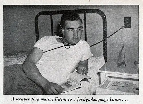 A recuperating marine listens to a foreign-language lesson