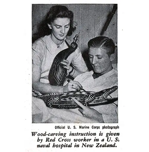 Red Cross worker gives Wood-carving instruction.