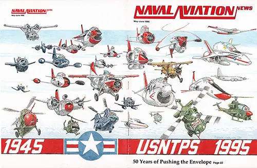 Cover of Naval Aviation News, May-June 1995, USNTPS 1945-1995 - 50 Years of Pushing the Envelope. Artist: Hank Caruso.