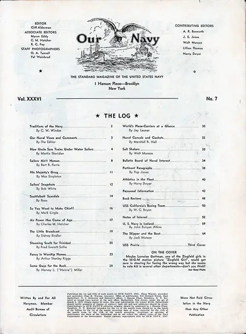 Table of Contents, 1 September 1941 Issues of Our Navy Magazine.