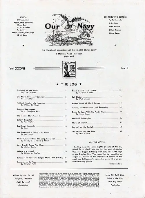 Table of Contents, 1 October 1942 Issue of Our Navy Magazine.