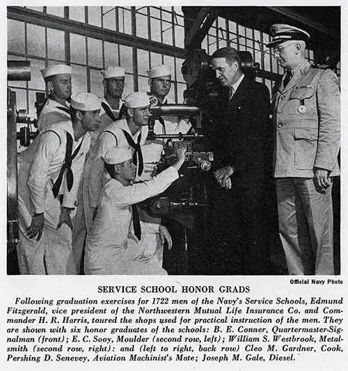 US Navy Service School Honor Graduates Met with Edmund Fitzgerald and Commander H. R. Harris USN following Graduation Exercises. Official Navy Photo.