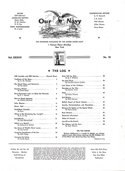 Table of Contents, 15 October 1942 Issue of Our Navy Magazine.