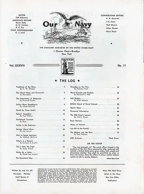 Table of Contents, 1 November 1942 Issue of Our Navy Magazine.