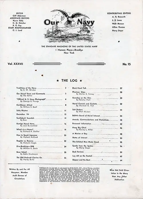 Table of Contents, 1 January 1943 Issue of Our Navy Magazine.