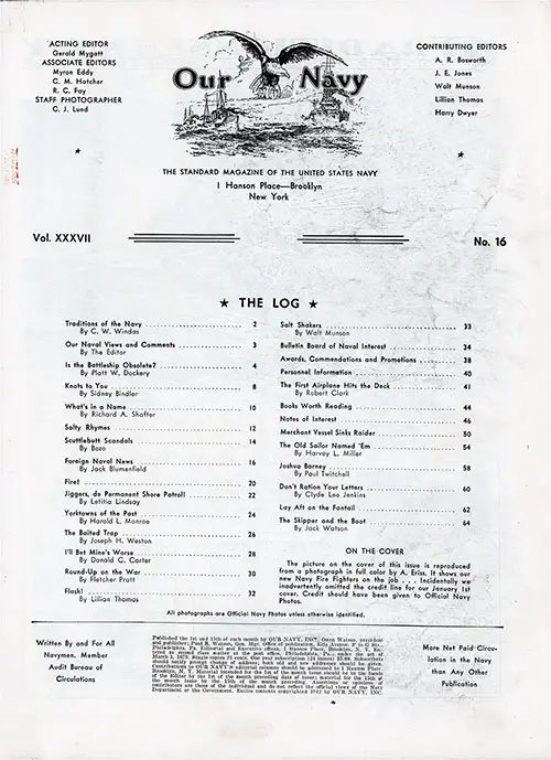 Table of Contents, 15 January 1943 Issue of Our Navy Magazine.