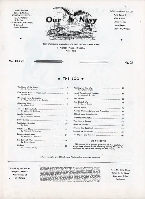 Table of Contents, 1 April 1943 Issue of Our Navy Magazine.