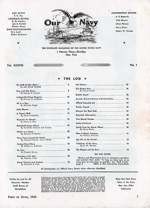 Table of Contents, 1 June 1943 Issue of Our Navy Magazine.