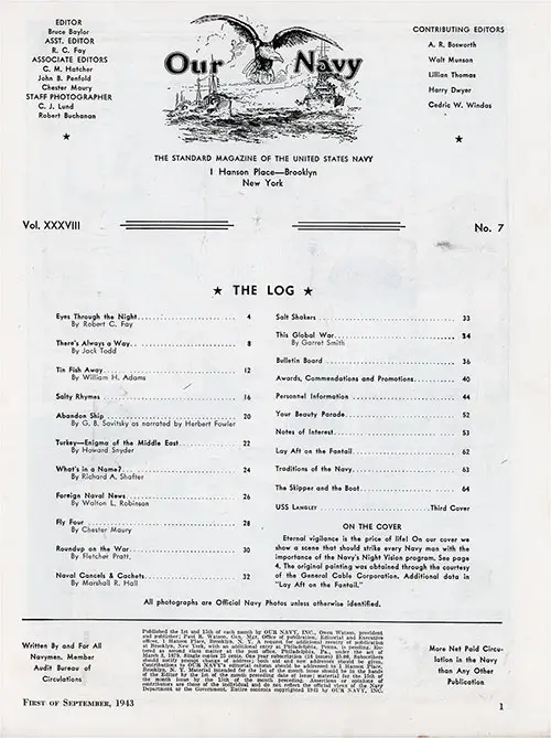 Table of Contents, 1 September 1943 Issue of Our Navy Magazine.