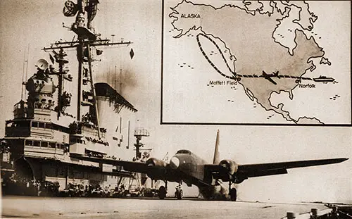 1128: Extending the Long Reach of the Navy. Navy Neptune Patrol Bomber Taking off From the Carrier Coral Sea off the Virginia Capes.