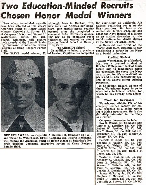 October 1955 Newspaper Clipping - Recruits Winning Honor Medals