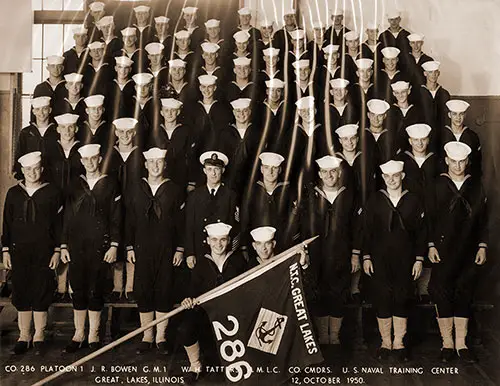 Company 286, Platoon 1, Company Commanders: J. R. Bowen, GM1 and W. K. Tatters, MLC at US Naval Training Center, Great Lakes Illinois, 12 October 1950.