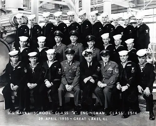 Group Photograph: U.S. Naval School Class "A" Engineman, Class 2514, 29 April 1955, Great Lakes Naval Training Center.