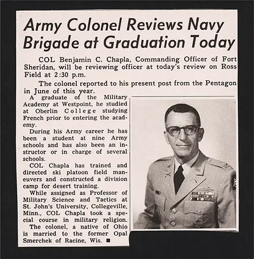 Newspaper Clipping: Army Colonel Reviews Navy Brigade at Graduation Today.