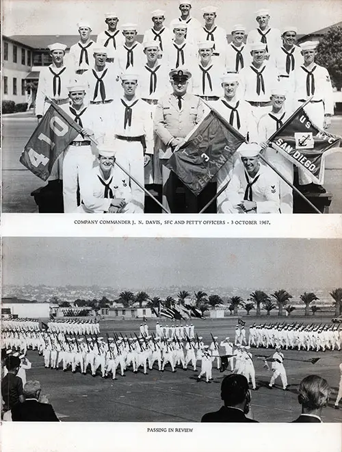 Company 67-410 San Diego NTC Recruits: Company Commander and Petty Officers, 3 October 1967. Passing in Review, Page 5.