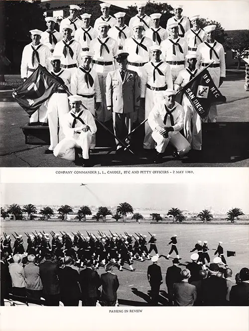 Top: Company Commander J. L. Caudle, BTC, and Petty Officers, 2 May 1969. Bottom: Company 177 Graduating Recruits Passing in Review.