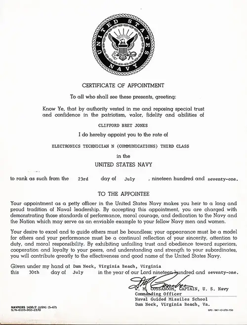 Certificate of Appointment to Electroncs Technician (Communications) Third Class - Clifford Bret Jones, 30 July 1971