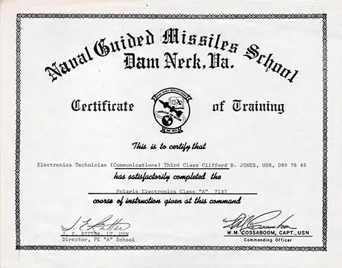 Certificate of Training, Naval Guided Missiles School