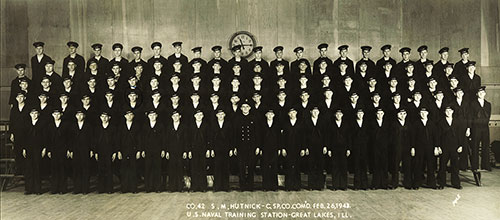 Group Photo of Company 42 S. M. Hutnick, CSP, Company Commander, 26 February 1943. US Naval Training Station, Great Lakes, Illinois.