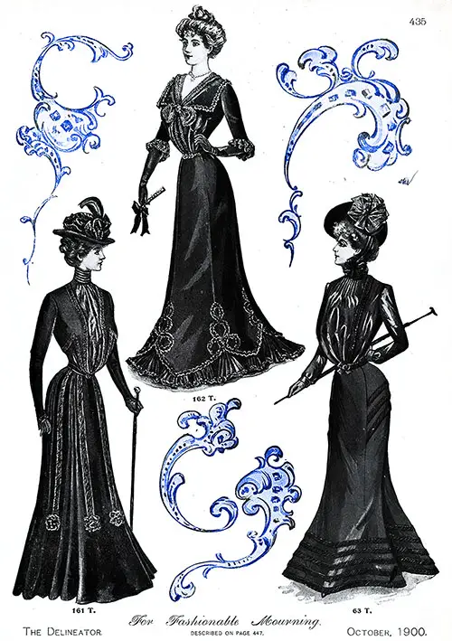 Fashionable Mourning Dresses No. 161 T: Ladies’ Basque Blouse and Skirt; No. 162 T. Ladies’ Blouse and Skirt; and No. 163 T. Embraces a Ladies’ Skirt and Russian Blouse.