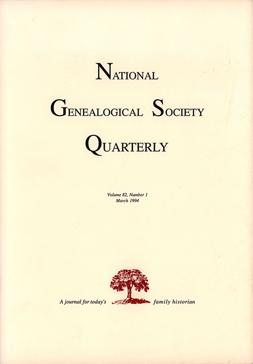 Front Cover, National Genealogical Society Quarterly, Volume 82, Number 1, March 1994.