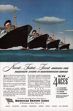 American Export Lines 1948 Advertisement for The New 4 Aces: SS Excalibur, SS Exochorda, SS Exeter, SS Excambion.