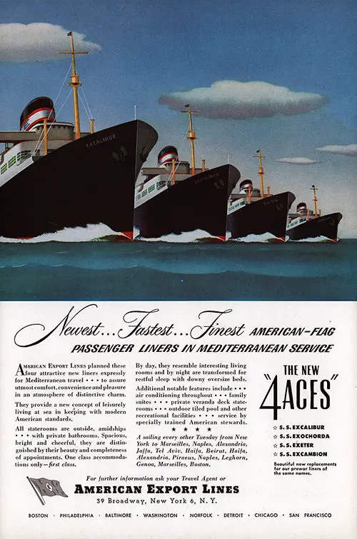 American Export Lines 1948 Advertisement for The New 4 Aces: SS Excalibur, SS Exochorda, SS Exeter, SS Excambion.