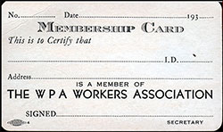 WPA Workers Association Membership Card, Unused, nd circa 1937.