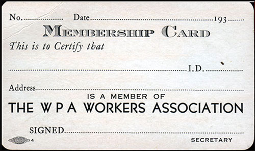 WPA Workers Association Membership Card, Unused, nd circa 1937.