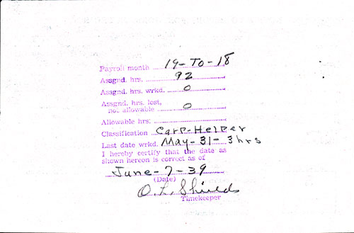 Time Keeping Memorandum for Mr. Louis H. Freeman. Rubber Stamp Form on the Back Side of WPA Form 402 Revised 1936-08-15 Notice to Report for Work on Project, Case No. IC 846 Project No. WP 1772.