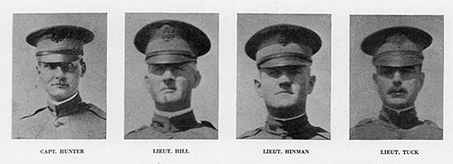 Officers of Third Infantry Company, 3rd OTC at Camp Devens. Left to Right: Capt. Hunter, Lt. Hill, Lt. Hinman, and Lt. Tuck.