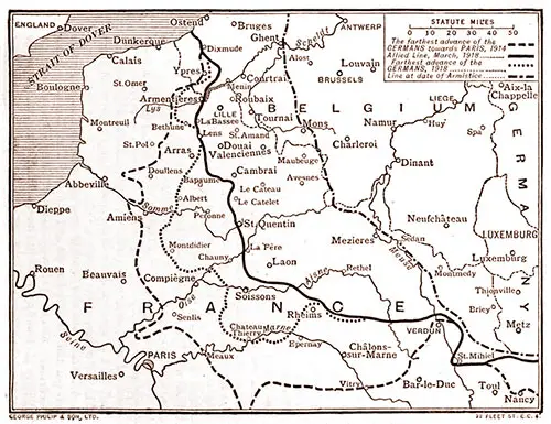 Map of the Operations on the Western Front, An Advanced History of Great Britain, 1920.
