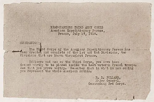 Memorandum to Officers and Men of Third Army Corps from Major General R. L. Bullard dated 17 July 1918.