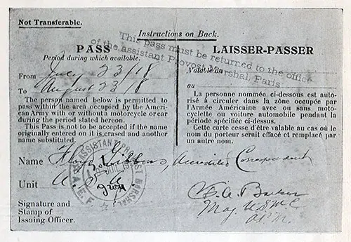 Correspondent Pass Valid 23 July 1918 to 23 August 1918 in the American Army Occupied Territory for Floyd Gibbons.