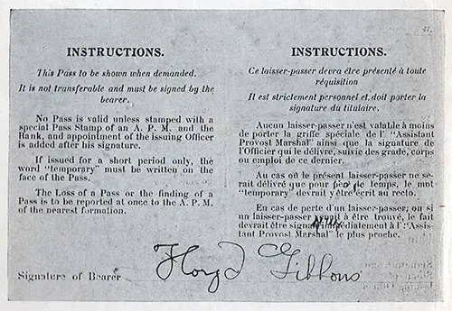 Instructions for Correspondent Pass Valid 23 July 1918 to 23 August 1918 in the American Army Occupied Territory for Floyd Gibbons.