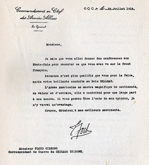 Letter, in French, dated 28 July 1918 from General Foch, Commander-in-Chief of the Allied Forces to Mr. Floyd Gibbons, War Correspondent for the Chicago Tribune.