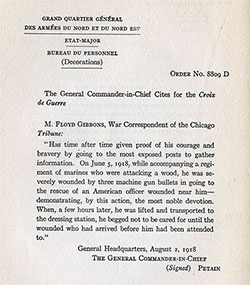 English Translation of Letter dated 2 August 1918 From General-in-Chief of the French Army Philippe Pétain to Mr. Floyd Gibbons, War Correspondent for the Chicago Tribune.