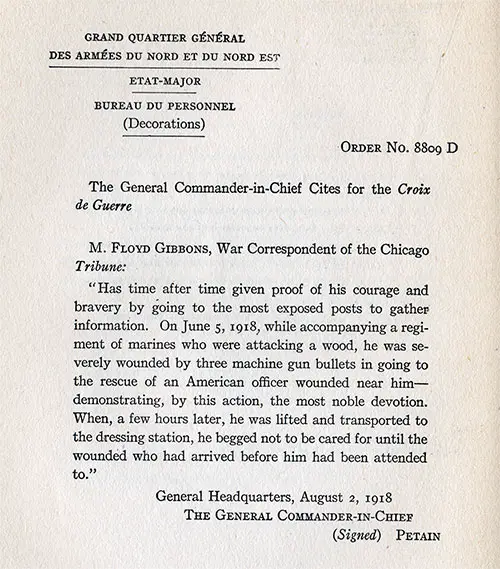 English Translation of Letter dated 2 August 1918 From General-in-Chief of the French Army Philippe Pétain to Mr. Floyd Gibbons, War Correspondent for the Chicago Tribune.