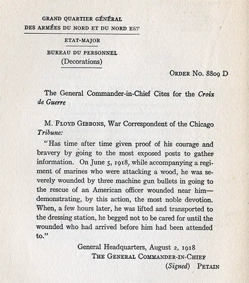 English Translation of a Letter from General Pétain to Floyd Gibbons dated 2 August 1918 Pertaining to Order No, 8809D.