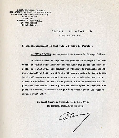 Letter (In French) from General Pétain to Floyd Gibbons dated 2 August 1918 Pertaining to Order No. 8809D.