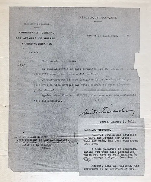 Letter from Lieutenant Jean Pozzi of the Commissariat Général des Affaires de Guere Franco-Américaines to Floyd Gibbons.